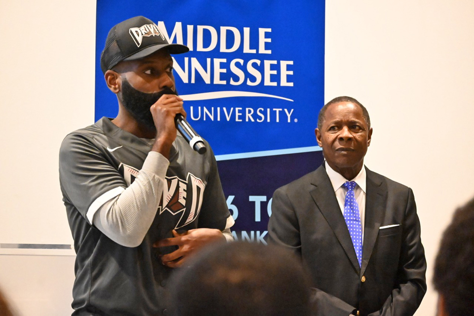 Middle Tennessee State University alumnus and hip-hop artist Tyrone “Tyke-T” Stroble encourages prospective students to “get involved” once enrolled at the Murfreesboro, Tenn., university during remarks at MTSU’s True Blue Tour stop on Nov. 4 at the FedEx Event Center at Shelby Farms in Memphis, Tenn. (MTSU photo by Jimmy Hart)