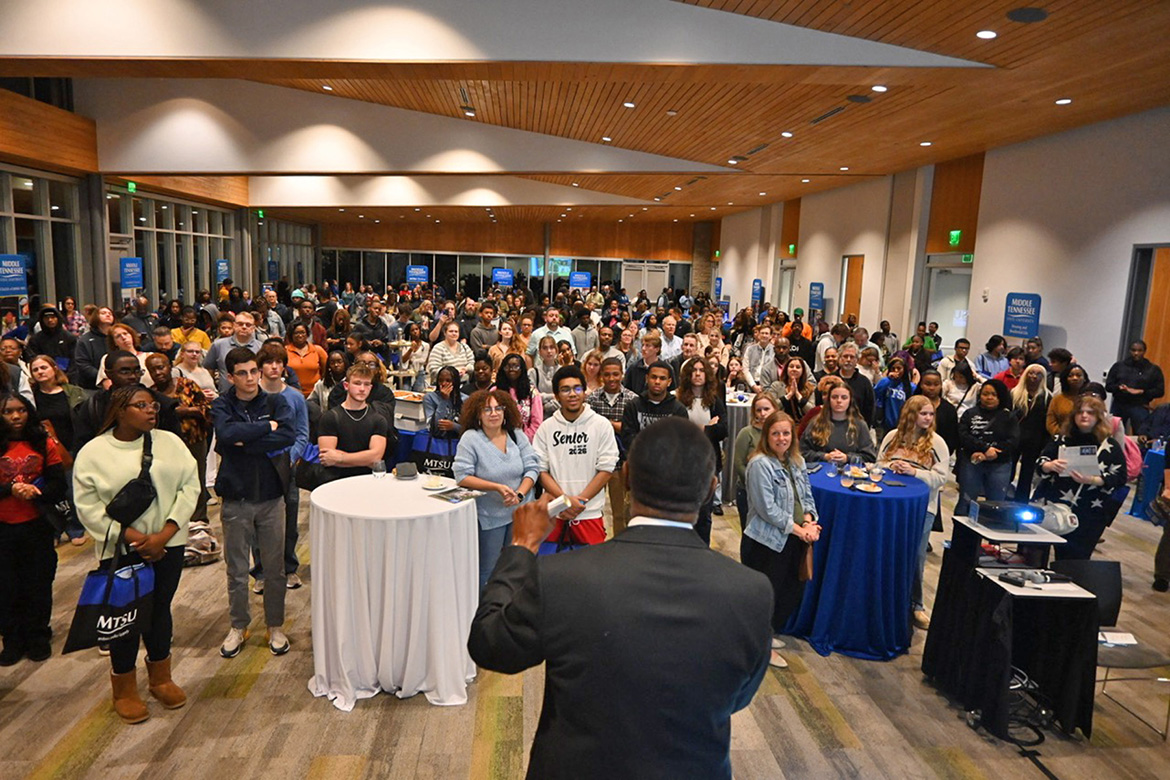 Middle Tennessee State University President Sidney A. McPhee addresses a capacity crowd during the university’s True Blue Tour stop on Nov. 4 at the FedEx Event Center at Shelby Farms in Memphis, Tenn. (MTSU photo by Jimmy Hart)