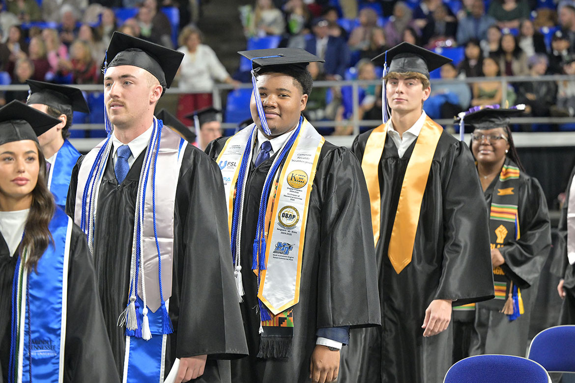 Middle Tennessee State University graduates line up to receive their degrees during the fall 2025 morning commencement ceremony held Saturday, Dec. 13, inside Murphy Center on campus in Murfreesboro, Tenn. (MTSU photo by James Cessna)