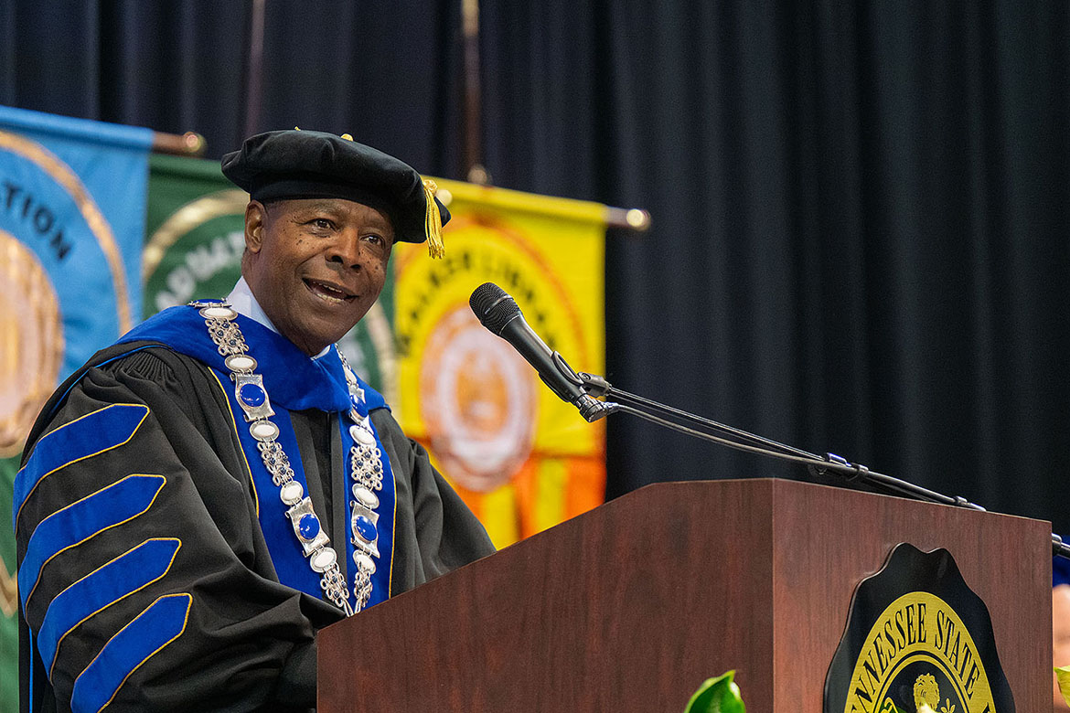 Middle Tennessee State University President Sidney A. McPhee offers a welcome address during the fall 2025 morning commencement ceremony held Saturday, Dec. 13, inside Murphy Center on campus in Murfreesboro, Tenn. (MTSU photo by Cat Curtis Murphy)