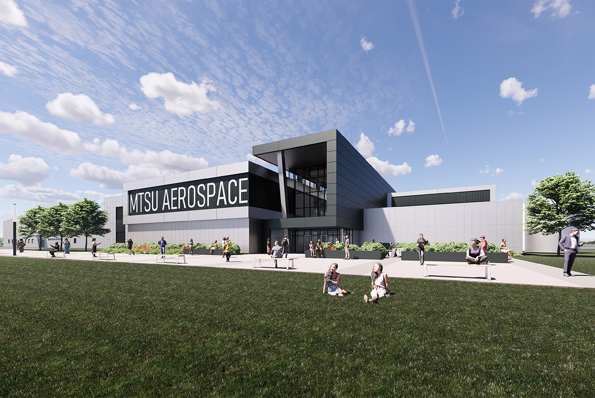 This artist rendering shows an exterior view of Middle Tennessee State University’s new Aerospace Department facilities planned to be built at the Shelbyville (Tenn.) Municipal Airport following the Dec. 3 groundbreaking ceremony. The Murfreesboro university is relocating its flight training program from Murfreesboro Airport to accommodate program growth. (Courtesy MTSU)