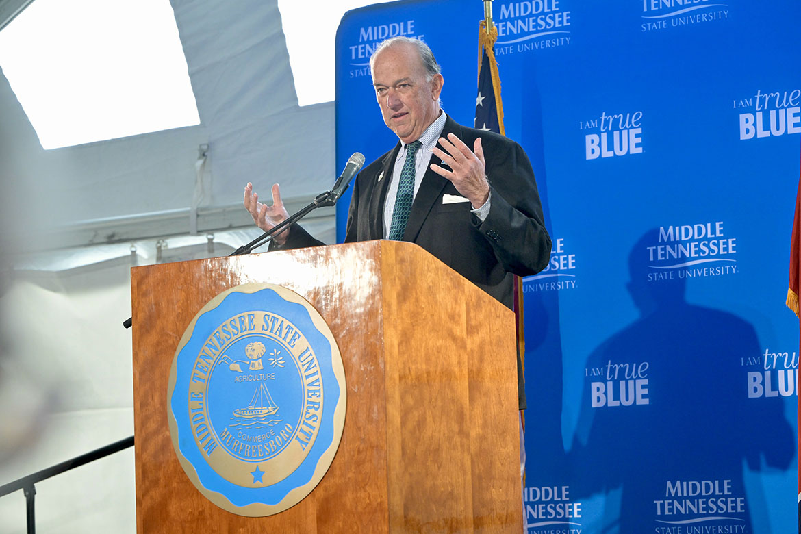 Middle Tennessee State University Board of Trustees Chair Steve Smith addresses a crowd of over 100 who braved near freezing weather on Wednesday, Dec. 3, during the groundbreaking ceremony for the new $73.4 million, state-of-the-art MTSU Aerospace facility that will be located at the Shelbyville Municipal Airport in Shelbyville, Tenn. (MTSU photo by Andy Heidt)