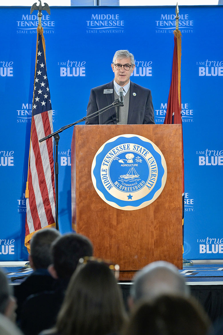 Middle Tennessee State University College of Basic and Applied Sciences Dean Greg Van Patten addresses a crowd of over 100 who braved near freezing weather on Wednesday, Dec. 3, during the groundbreaking ceremony for the new $73.4 million, state-of-the-art MTSU Aerospace facility that will be located at the Shelbyville Municipal Airport in Shelbyville, Tenn. (MTSU photo by Andy Heidt)