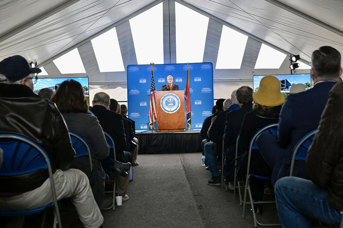Shelbyville, Tenn., Mayor Randy Carroll speaks to a crowd of more than 100 on Wednesday, Dec. 3, during the groundbreaking ceremony for the new $73.4 million, state-of-the-art Middle Tennessee State University Aerospace facility that will be located at the Shelbyville Municipal Airport in Shelbyville, Tenn. He said the project will be a “beautiful addition” to the growing community of Shelbyville. (MTSU photo by Andy Heidt)