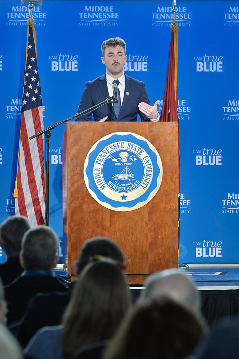 Ty Welk, a senior aerospace major at Middle Tennessee State University in Murfreesboro, Tenn., and current MTSU flight instructor, speaks at the groundbreaking ceremony for the new $73.4 million, state-of-the-art MTSU Aerospace facility that will be located at the Shelbyville Municipal Airport in Shelbyville, Tenn. (MTSU photo by Andy Heidt)