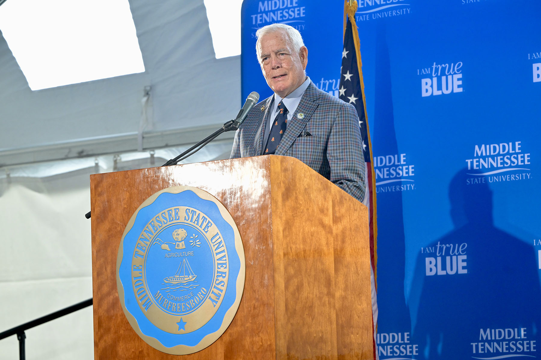 “This is a partnership made in heaven,” Tennessee state Rep. Pat Marsh told a crowd of more than 100 in attendance at the groundbreaking ceremony for the new $73.4 million Middle Tennessee State University Aerospace facility being built at the Shelbyville Municipal Airport in Shelbyville, Tenn. (MTSU photo by Andy Heidt)