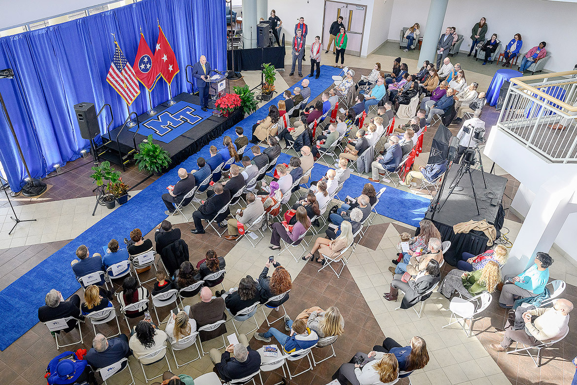 Student veterans from Middle Tennessee State University in Murfreesboro, Tenn., pose for a group photo Thursday, Dec. 11, 2025, at the Graduating Veterans Stole Ceremony held at Miller Education Center. Nearly 80 student veterans will graduate Saturday, Dec. 13, in MTSU’s Murphy Center. (MTSU photo by Andy Heidt)