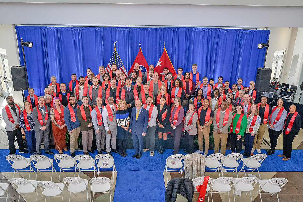 Student veterans from Middle Tennessee State University in Murfreesboro, Tenn., pose for a group photo Thursday, Dec. 11, 2025, at the Graduating Veterans Stole Ceremony held at Miller Education Center. Nearly 80 student veterans will graduate Saturday, Dec. 13, in MTSU’s Murphy Center. (MTSU photo by Andy Heidt)