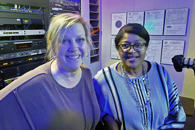Leah Lyons, right, dean of the College of Liberal Arts at Middle Tennessee State University, and Kristi Shamburger, associate professor and chair of the Department of Theatre and Dance, discussed this year’s “Joys of the Season” holiday arts showcase and upcoming broadcasts as guests on the WGNS Radio “Action Line” program on Dec. 15 from the station’s studio in downtown Murfreesboro, Tenn. (MTSU photo by Nancy DeGennaro)