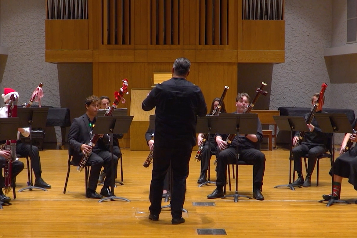 The Bassoon Ensemble from Middle Tennessee State University’s School of Music perform “Have Yourself a Merry Little Christmas” from the 2025 “Joys of the Season” holiday-themed arts showcase from the College of Liberal Arts, premiering Monday, Dec. 8, on the university’s True Blue TV and YouTube channel. (MTSU screenshot)
