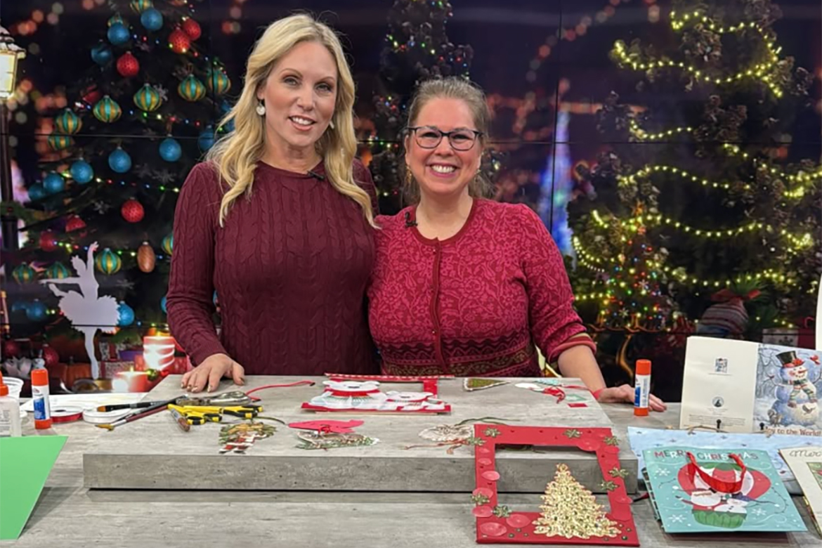 WKRN-TV’s “Local on 2” host Stephanie Langston, left, andDebrah Sickler-Voigt, aprofessor of art education in Middle Tennessee State University’s Department of Art and Design, are shown in the studios of News 2 in Nashville, Tenn., for the station’s “MTSU on 2” segment, part of the “Local on 2” programming. Sickler-Voigt demonstrated how to make holiday décor and crafts with items you have at home. (MTSU photo)