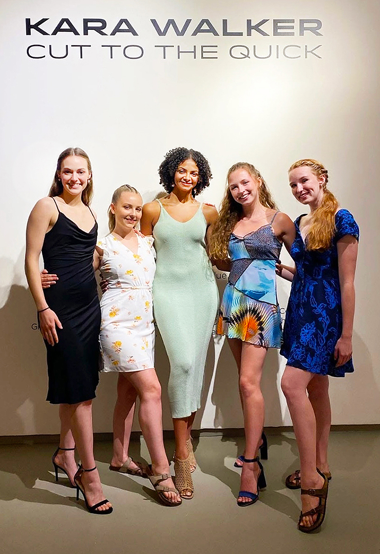 Middle Tennessee State University Dance Program alumnae pose for a photo following their performance of “Visceral Undercurrent” during the opening of the “Kara Walker: Cut to the Quick” exhibition on May 20, 2022, at the Museum of Contemporary Art of Jacksonville in Jacksonville, Fla. Pictured are, from left, Avery Biddle (Class of 2022), Mikayla Hurst, Jasmine Dillon, Rachel Osucha, and Catherine Bright (Class of 2023). (Courtesy photo)