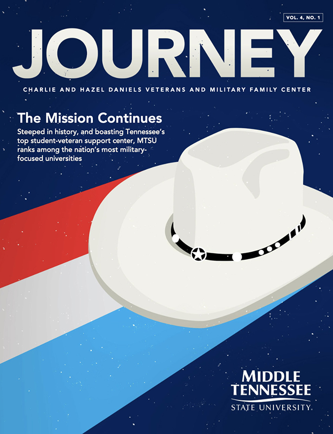Cover of the summer 2024 JOURNEY magazine from the Charlie and Hazel Daniels Veterans and Military Family Center. (Cover by Micah S. Loyed, MTSU Creative and Visual Services)