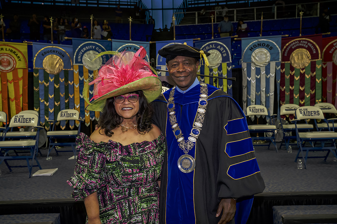 In this spring 2023 file photo, Middle Tennessee State University First Lady Elizabeth McPhee, left, and MTSU President Sidney A. McPhee pose for a photo at the spring commencement ceremony at Murphy Center on campus in Murfreesboro, Tenn. (MTSU file photo by Andy Heidt)
