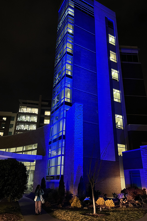 Blue exterior lights at Ascension Saint Thomas Rutherford Hospital in Murfreesboro were turned on Thursday night, Jan. 8, in honor of the late Middle Tennessee State University First Lady Elizabeth McPhee, who passed away Thursday after a brief illness. Mrs. McPhee served as a board member for the hospital’s foundation. (Photo submitted)