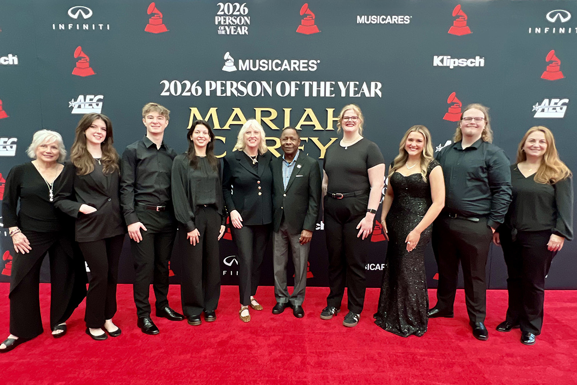 MTSU President Sidney A. McPhee, center right, and Beverly Keel, center left, dean of the Scott Borchetta College of Media and Entertainment, join students and faculty and staff on the red carpet Friday, Jan. 30, at the MusiCares 2026 Person of the Year gala in Los Angeles, part of the university’s 12th annual trip for the Grammy Awards. Pictured, from left, are Denise Shackelford, associate professor; students Anna Shinholster, Colman Connolly and Gabriela Diaz; Keel; McPhee; students Jenene Grover, Emily Eastep and Chandler Furr; and Holly Brown, assistant director, Career Development Center. The delegation is taking part in events before and during the 68th annual Grammy Awards on Sunday. (MTSU photo by Andrew Oppmann)