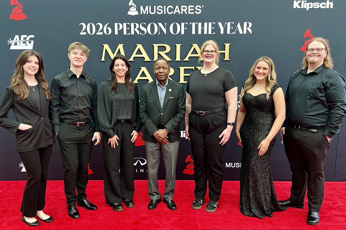 MTSU President Sidney A. McPhee, center, joins students for a group photo on the red carpet Friday, Jan. 30, in Los Angeles at the MusiCares 2026 Person of the Year gala honoring Mariah Carey, part of the university’s 12th annual trip for the Grammy Awards. Pictured, from left, are students Anna Shinholster, Colman Connolly and Gabriela Diaz; McPhee; students Jenene Grover, Emily Eastep and Chandler Furr. The delegation is taking part in events before and during the 68th annual Grammy Awards on Sunday. (MTSU photo by Andrew Oppmann)