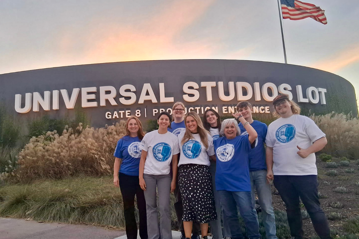 Six students and faculty, from far left to right, including Holly Allen, Assistant Director, Career Development Center, Gabriela Diaz, Emily Eastep, Denise Shackelford, associate professor, Recording Industry, Jenene Grover, Anna Shinholster, Colman Connolly and Chandler Furr from Middle Tennessee State University’s Scott Borchetta College of Media and Entertainment were selected to attend the Grammy Awards in Los Angeles, California.  In addition to visits to music locales in Los Angeles, they will go behind the scenes at the Crypto.com Arena to see how the Sunday, Feb. 1, 2026, Grammy telecast will be staged and attend the ceremony. (MTSU photo)