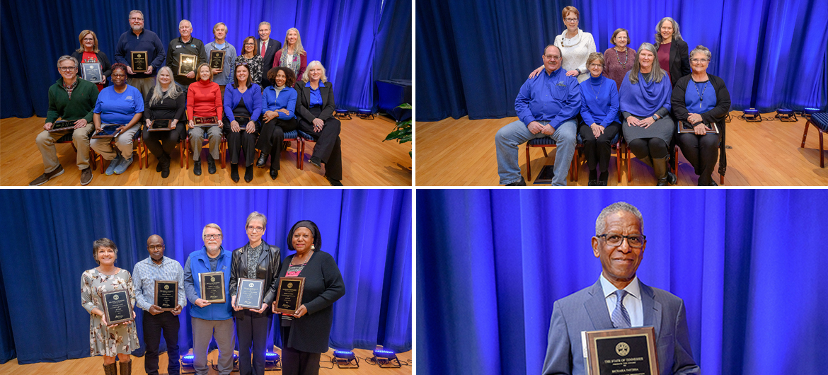Middle Tennessee State University recently recognized 252 faculty and staff for their 4,980 combined years of service to the university at its annual Service Awards Luncheon held last month in the James Union Building Ballroom on campus. Bichaka Fayissa, bottom right, was the longest-tenured MTSU employee honored with 45 years of service and is featured along with other employees recognized for 30 years, top left; 35 years, top right; and 40 years of service to the university. (MTSU photos by Andy Heidt)