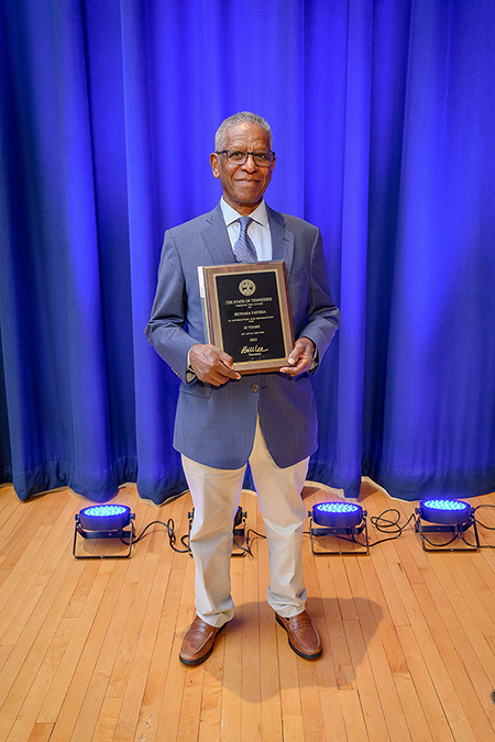 Bichaka Fayissa, a recently retired Middle Tennessee State University professor of economics and finance, was the longest-tenured MTSU employee honored at the university’s annual Service Awards Luncheon last month with 45 years of service to the university. (MTSU photo by Andy Heidt)
