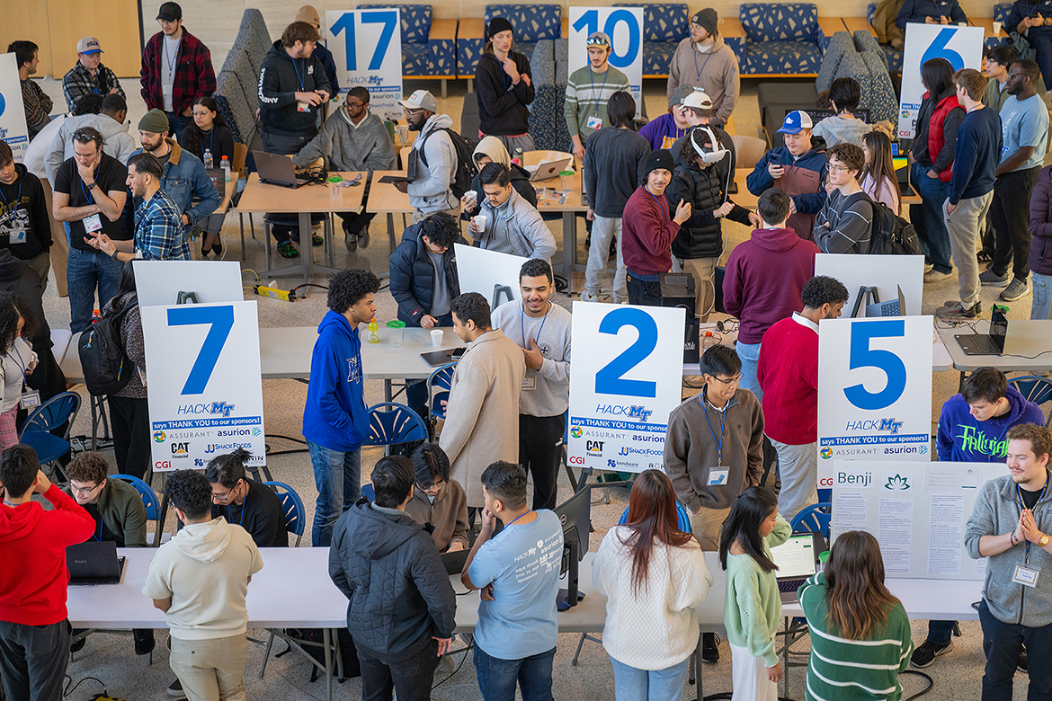 Nearly 200 people packed the Science Building atrium at Middle Tennessee State University in Murfreesboro, Tenn., for the final day of the 11th annual MTSU Computer Science Department HackMT held on campus Friday, Jan. 30, through Sunday, Feb. 1. The 36-hour competition showcased app, computer and web projects, with 21 teams, 153 students and nearly two dozen mentors in attendance. (MTSU photo by Cat Curtis Murphy)