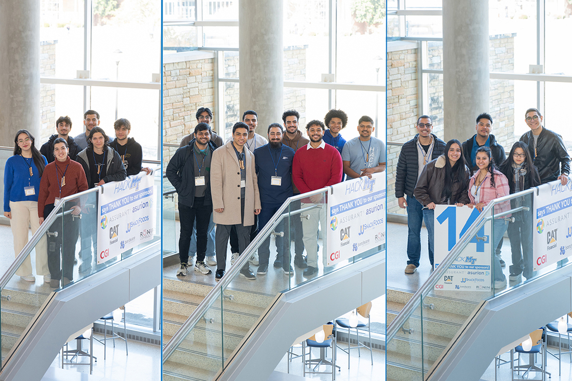 Winning teams gathered in the Science Building atrium at Middle Tennessee State University in Murfreesboro, Tenn., for the final day of the 11th annual MTSU Computer Science Department HackMT competition held on campus Friday, Jan. 30, through Sunday, Feb. 1. First place was awarded to Team SpIQ, left group, which includes, front row, from left, Elif Nalan Mutlu, Filiz Karabulut and Ceyhun Kara; and second row, Semih Yucekan, Oguzhan Rejepov and Tarik Yucel. Second place went to Team Cliniq, center group, which included, front row, from left, Kris Patel, Felopater Melika, Michael Rezk with J&J Snack Foods representative, and Kirolous Kamel; and back row, from left, Mayur Patel, Tony Boutros, Samuel Boulos, Tony Martin and Darshan Patel. Third place was awarded to Team Pac-Man Go, group at right, that included members, front row, from left, Luisa Quintero, Verina Aziz and Elizabeth Hua, and back row, from left, Antonious Michael, Alexander Savanh and Paula Mikhail. (MTSU photo illustration by Cat Curtis Murphy and Nancy DeGennaro)