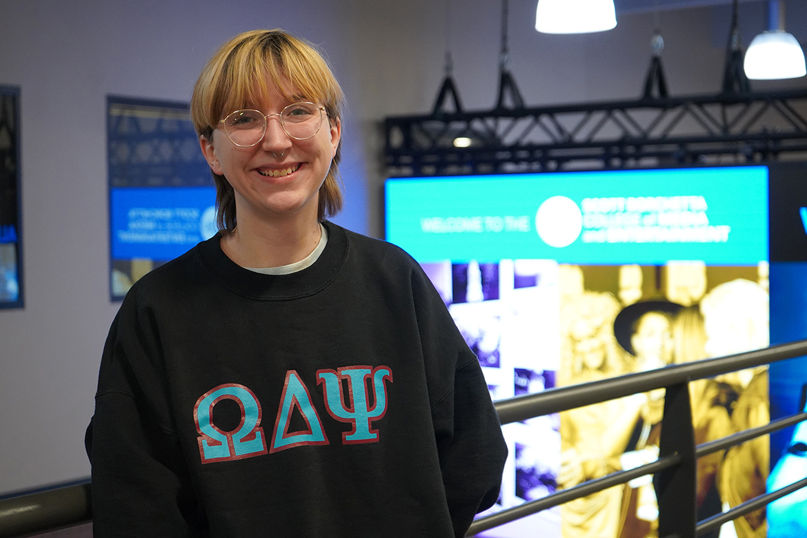 Shown here inside the John Bragg Media and Entertainment Building on the campus of Middle Tennessee State University in Murfreesboro, Tenn., integrated studies major Austyn Taylor of Pleasant View, Tenn., was instrumental, as a high school student, in building a theatre program at the K-8 Amqui Global Communications Magnet in Metro Nashville Public Schools. (MTSU photo by Robin E. Lee)