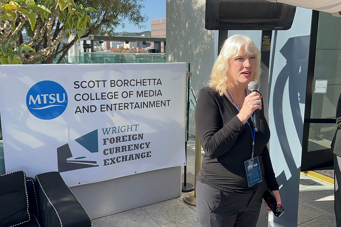 Scott Borchetta College of Media and Entertainment Dean Beverly Keel is pictured here addressing attendees, including former Middle Tennessee State University students and music industry officials during the university’s annual pre-Grammy celebration over the weekend, held at The Godfrey Hotel in Hollywood. (MTSU photo)
