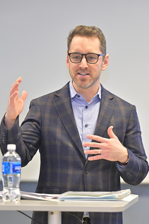 Patrick Cammack, senior vice president of economic development for the Rutherford County Chamber of Commerce, moderates an economic development panel held Jan. 23 in the Business and Aerospace Building at Middle Tennessee State University in Murfreesboro, Tenn. The panel was co-hosted by the chamber and MTSU’s Jennings and Rebecca Jones Chair of Excellence in Regional and Urban Planning. (MTSU photo by James Cessna)