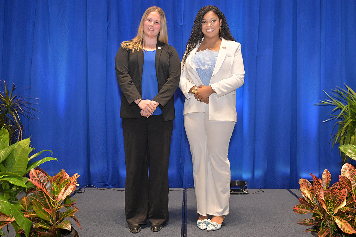 Student Government Association vice presidential candidates at Middle Tennessee State University in Murfreesboro, Tenn., are Ally Pricer, left, an advertising/public relations major from Hixson, Tenn., and Nia Moore, a political science major from Chattanooga, Tenn. Both participated in a debate held in the Student Union Atrium on Monday, Feb. 23, ahead of the SGA officer election, which takes place on campus Monday-Friday, March 2-5. (MTSU photo by James Cessna)