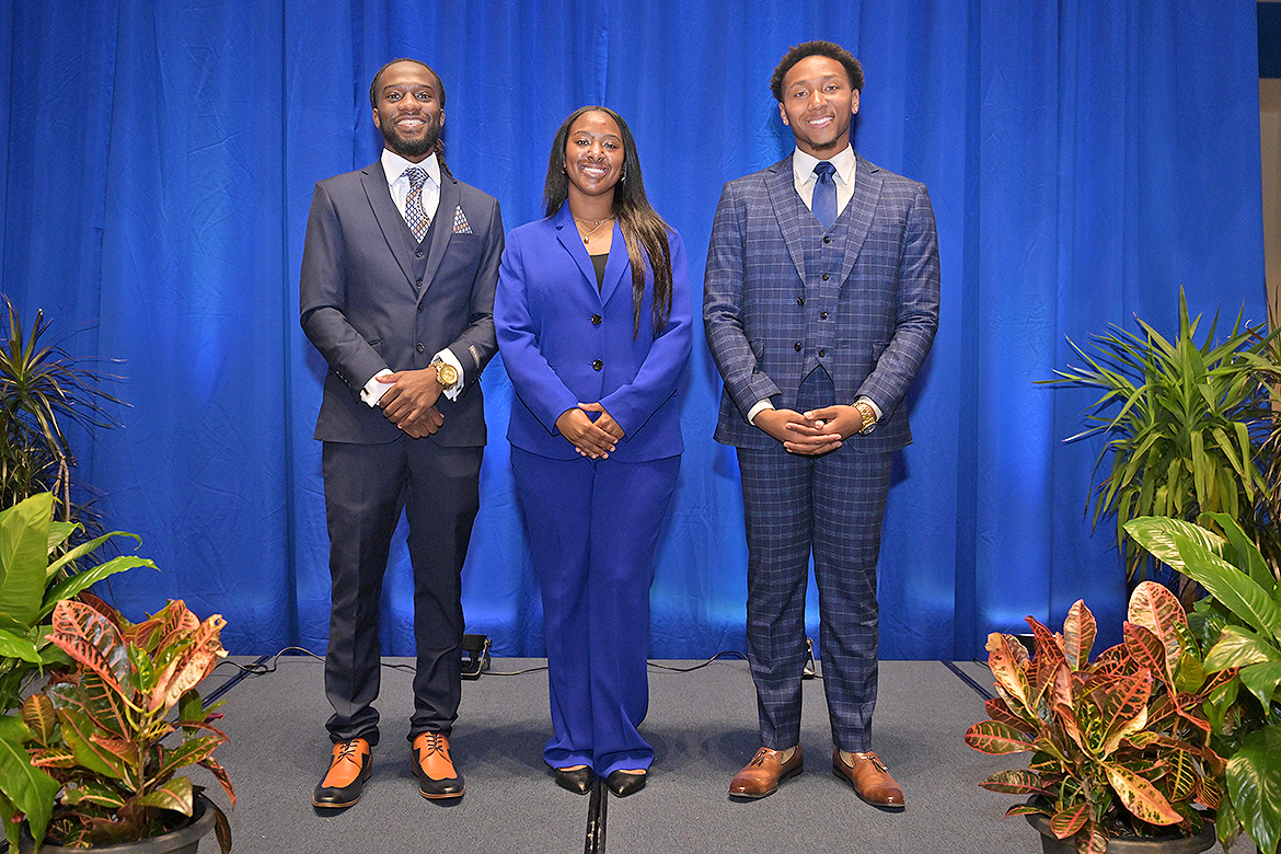 Student Government Association presidential candidates at Middle Tennessee State University in Murfreesboro, Tenn., are, from left, Truvell Haddox, a finance major from Franklin, Tenn.; Kennedy Garrett, a political science major from Ooltewah, Tenn.; and Devin McClendon, a finance major from Nashville, Tenn. The trio participated in a debate held in the Student Union Atrium on Monday, Feb. 23, ahead of the SGA officer election, which takes place on campus Monday-Friday, March 2-5. (MTSU photo by James Cessna)