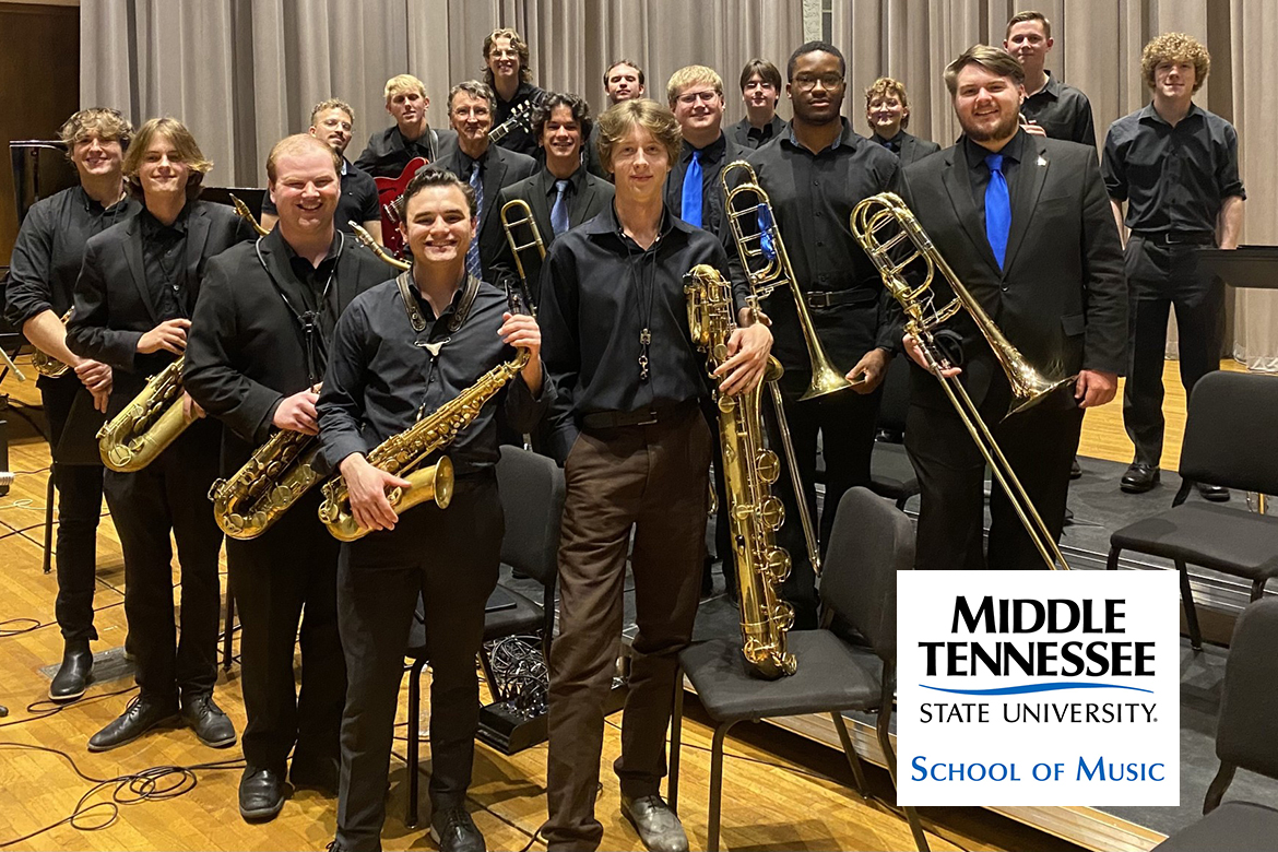 In this undated photo, members of the Jazz Ensemble I at Middle Tennessee State University stand with their instruments on the stage of the Hinton Music Hall of the Wright Music Building on campus in Murfreesboro, Tenn. (Photo submitted)