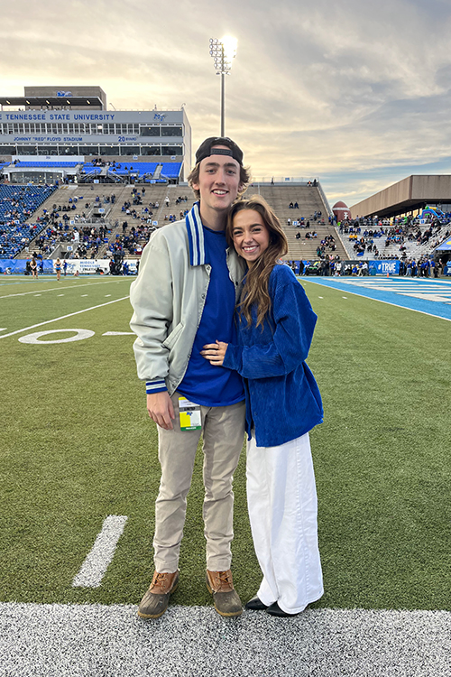 Makaylee Hall is pictured here with her boyfriend Jack McAlpin on the football field at Middle Tennessee State University during a Blue Raider game. (Submitted photo)