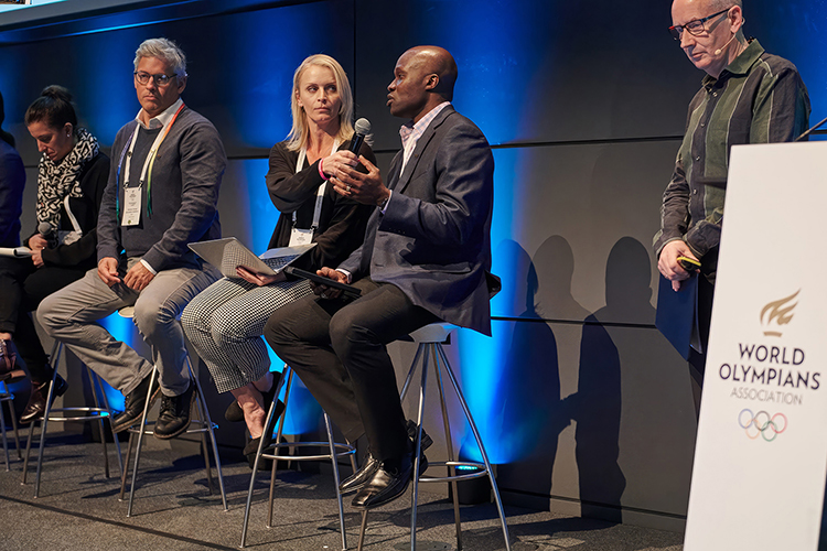 Andrew Owusu, second from right, Middle Tennessee State University professor and three-time Olympian, speaks at the 2019 World Olympians Association Forum in April 2019 in Lausanne, Switzerland. (Submitted photo)