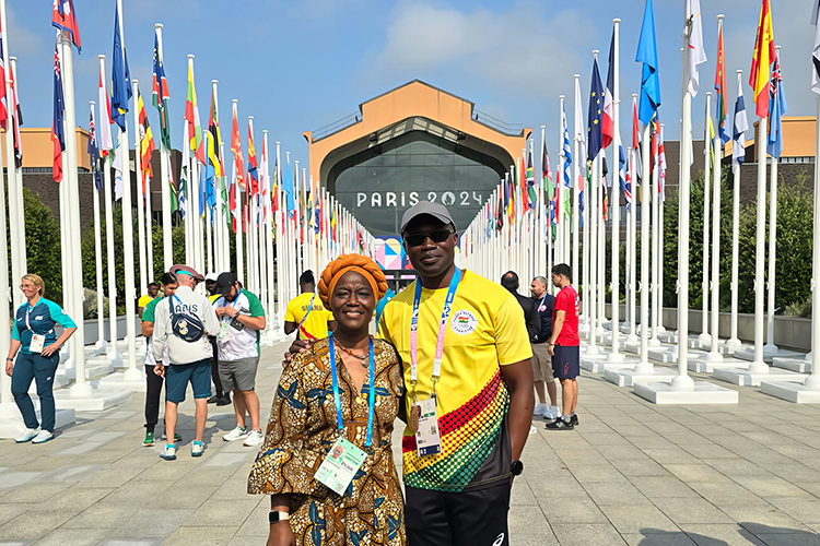 Andrew Owusu, right, Middle Tennessee State University professor and three-time Olympian, visits the 2024 Olympic Games Village in Paris with Anna Bossman, Ghana’s then Ambassador to France. (Submitted photo)