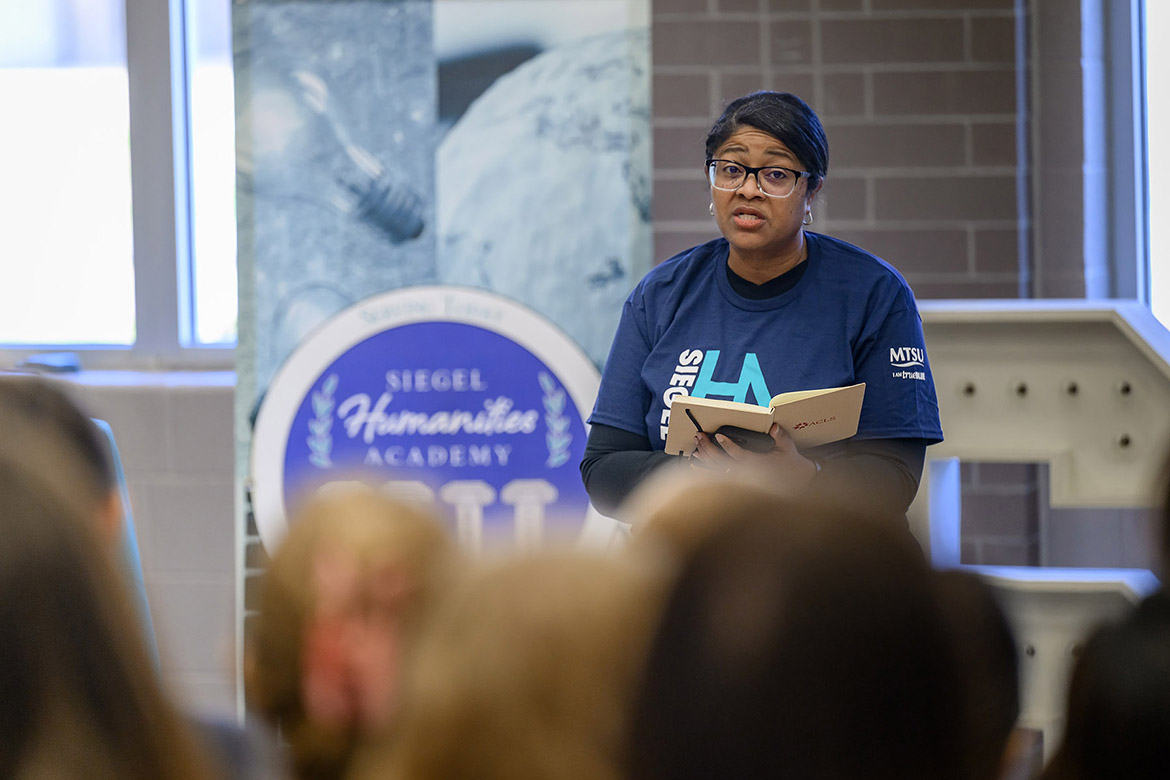 Leah Tolbert Lyons, dean of the College of Liberal Arts at Middle Tennessee State University in Murfreesboro, Tenn., speaks during a Jan. 16 event at Siegel High School unveiling new Humanities Academy T-shirts designed by a student. The shirts were provided through support from CLA and Marketing and Communications at MTSU. The program connects participating high school students with humanities learning, alumni speakers, and community engagement opportunities. (Submitted photo)