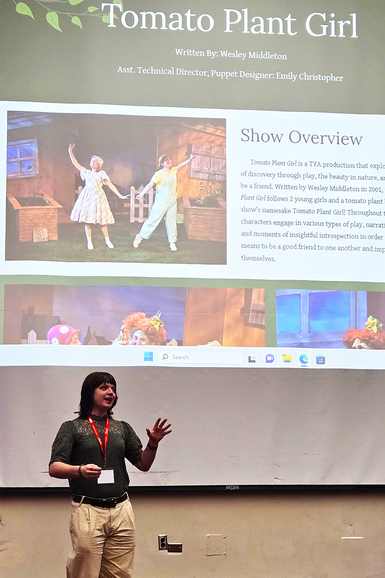 Emily Christopher, a theatre student at Middle Tennessee State University in Murfreesboro, Tenn., presents her work on the production of “Tomato Plant Girl” at the 2026 American College Theatre Festival Region IV conference held Feb. 3-7 in Montgomery, Ala. Christopher won first place for Allied Design and Technology. (Submitted photo)