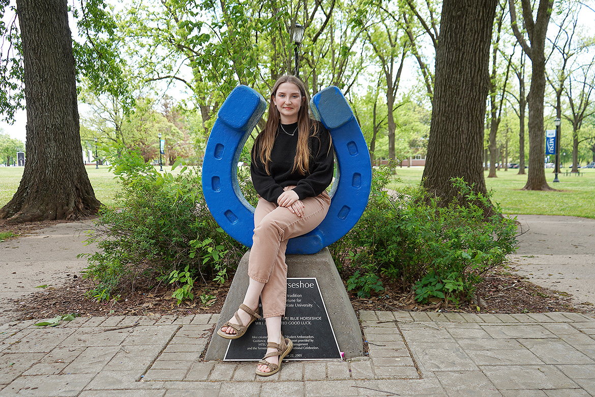 Lincoln County, Tenn., native Victoria Grigsby poses in front of the iconic horseshoe on campus at Middle Tennessee State University in Murfreesboro, Tenn. Her hard work and perseverance, paired with scholarships and numerous opportunities through MTSU, put her in the spotlight for MTSU’s latest signature television commercial. (Submitted photo)