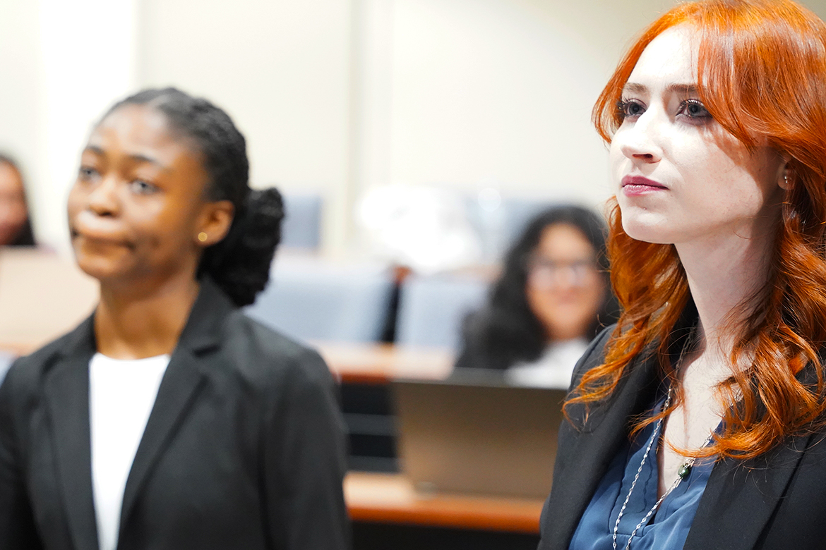 Renee Tetteh, left, and Brooke Hale, both students on the Mock Trial Team at Middle Tennessee State University in Murfreesboro, Tenn., listen as a judge provides a ruling during a mock trial scrimmage at MTSU on Feb. 16, 2026. The scrimmage gave team members a chance to practice courtroom procedure and refine their case strategies ahead of competition. (MTSU photo by Mike Davis)
