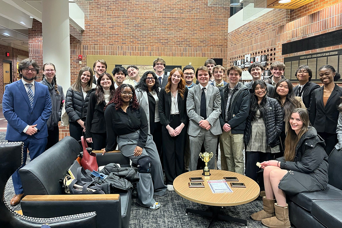 The Mock Trial Team from Middle Tennessee State University in Murfreesboro, Tenn., poses for a photo with several team and individual awards won at the Mid-Missouri Mock Trail Invitational, in Columbia, Missouri, on Feb. 2, 2026. The MTSU Mock Trial Team prepares students to compete in simulated courtroom competitions against universities across the country. (Submitted photo)
