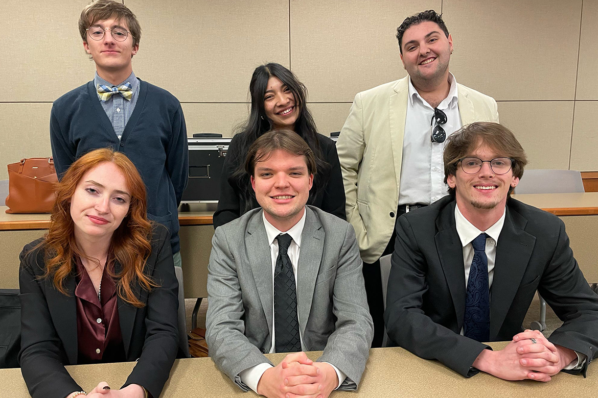 Mock Trial Team members from Middle Tennessee State University in Murfreesboro, Tenn., pose for a photo at the American Mock Trial Association regional tournament held Feb. 22, 2026, at the University of Tennessee in Knoxville. Seated, from left, are Brooke Hale, Dutsch Dorman and Timothy Applewhite; and standing, from left, Henry Vance, Kaitlyn Perez-Ramirez and Nicholas Perrone. (Submitted photo)