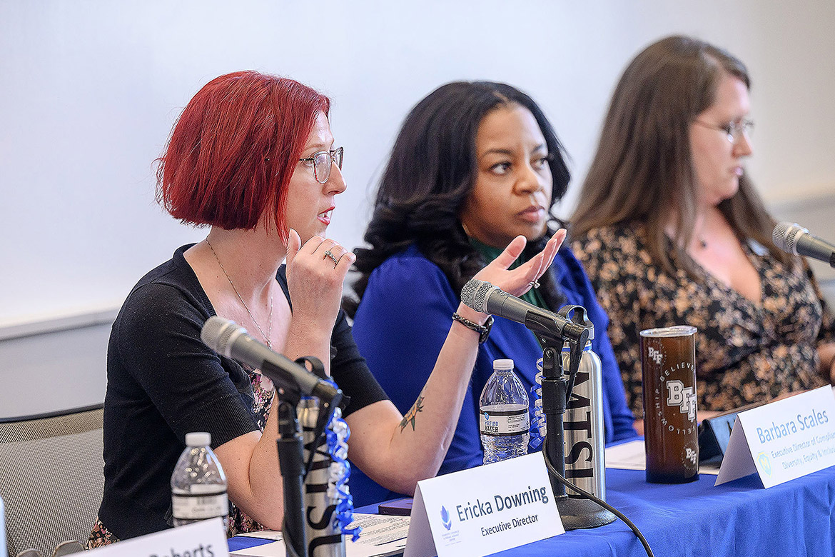 Ericka Downing, director of the Domestic Violence and Sexual Assault Center in Rutherford County, talks about intimate partner violence during the 2024 Family Violence Professional Panel Series held on campus in Murfreesboro, Tenn. This year’s panel series will take place at 1:15 p.m. on March 26, April 9 and April 16 in Room 102 of the Academic Classroom Building, 1751 MTSU Blvd. The public is invited to attend the free sessions. (MTSU file photo by James Cessna)