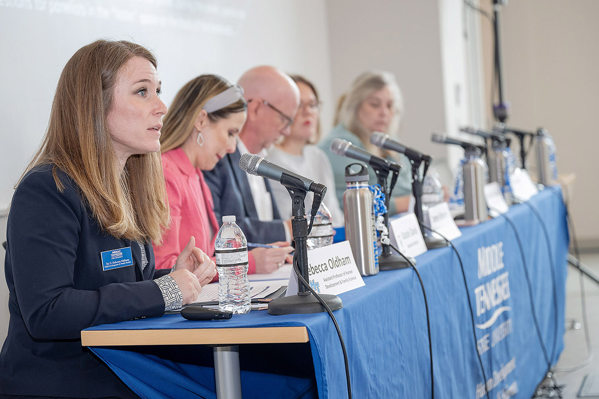 Rebecca Oldham, far left, Middle Tennessee State University associate professor in the Human Development and Family Science Program, speaks about elder abuse at the 2024 Family Violence Professional Panel Series held on campus in Murfreesboro, Tenn. This year’s panel series will take place at 1:15 p.m. on March 26, April 9 and April 16 in Room 102 of the Academic Classroom Building, 1751 MTSU Blvd. The public is invited to attend the free sessions. (MTSU file photo by James Cessna)