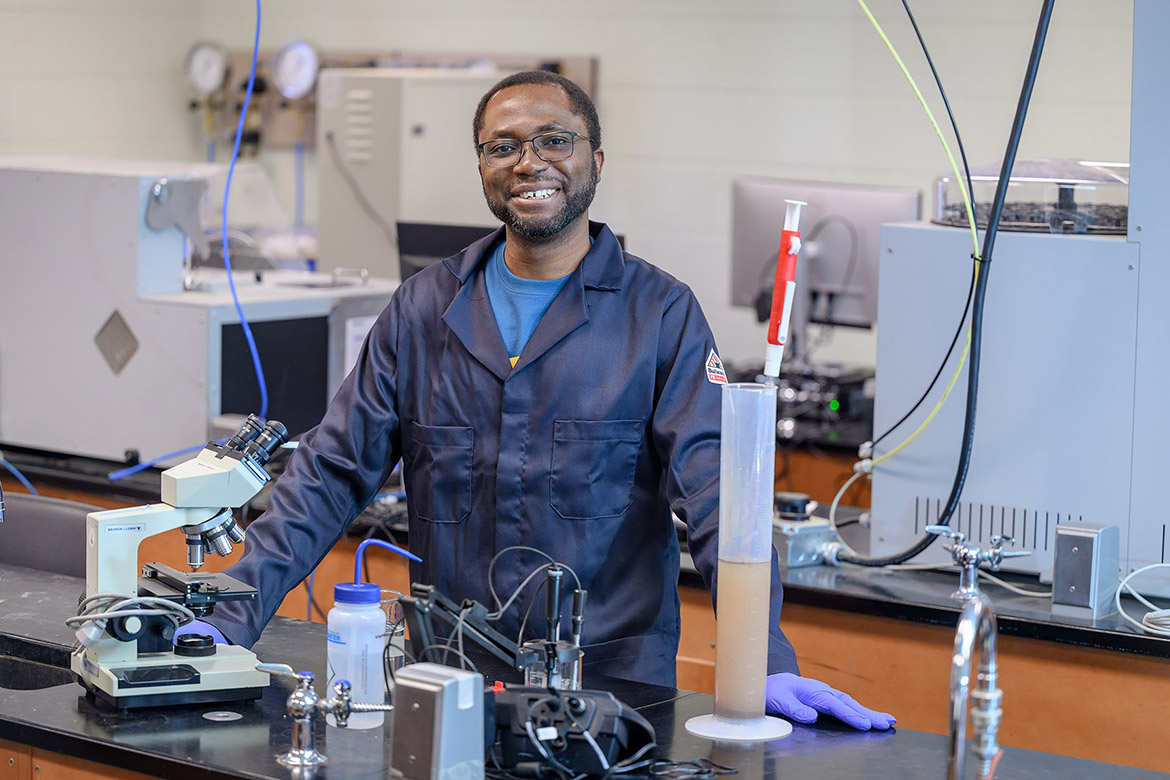 Samuel Haruna, associate professor of soil science in the School of Agriculture at Middle Tennessee State University in Murfreesboro, Tenn., stands in his lab at the Stark Agribusiness and Agriscience Center on campus. Haruna has been named the 2026 recipient of the prestigious John Pleas Faculty Award, recognizing his excellence in teaching, research and service. (MTSU photo by J. Intintoli)