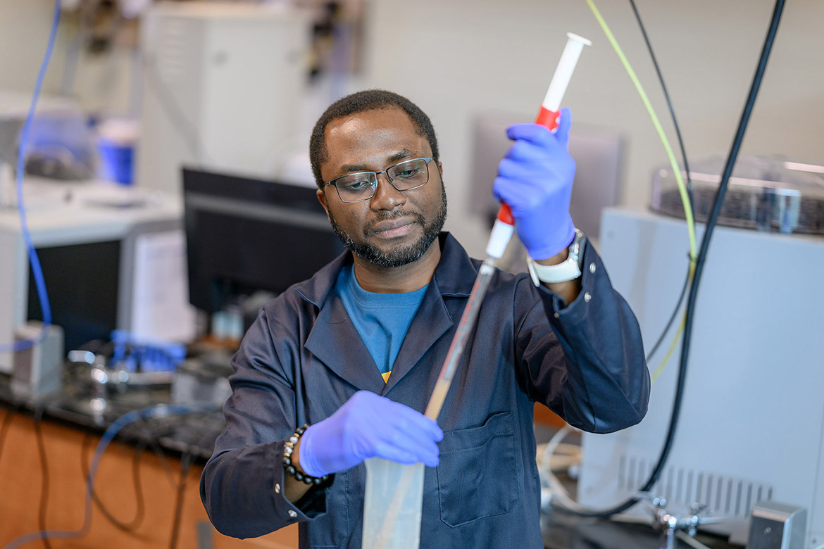 Samuel Haruna, associate professor of soil science in the School of Agriculture at Middle Tennessee State University in Murfreesboro, Tenn., works on a project in the Stark Agribusiness and Agriscience Center on campus. Haruna has been named the 2026 recipient of the prestigious John Pleas Faculty Award, recognizing his excellence in teaching, research and service. (MTSU photo by J. Intintoli)