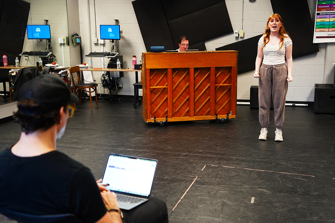 A musical theatre student at Middle Tennessee State University in Murfreesboro, Tenn., sings a short audition cut as Broadway performer and choreographer James Gray listens and provides feedback during a workshop in the Boutwell Dramatic Arts Building on Feb. 24, 2026. The Department of Theatre and Dance regularly brings working professionals to campus to prepare students for careers beyond graduation. (MTSU photo by Mike Davis)