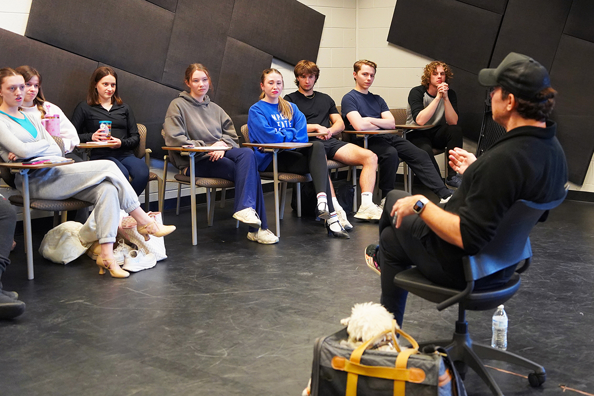Broadway performer, director and choreographer James Gray, right, speaks with musical theatre students at Middle Tennessee State University in Murfreesboro, Tenn., prior to putting them through an audition-style dance workshop in the Boutwell Dramatic Arts Building on Feb. 24, 2026. The session provided professional feedback and preparation ahead of upcoming industry auditions. (MTSU photo by Mike Davis)