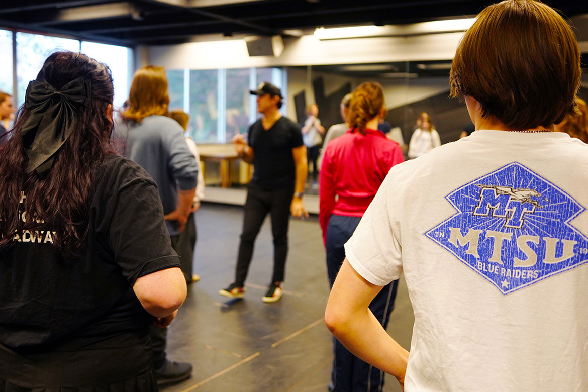 Broadway performer, director and choreographer James Gray, center, leads musical theatre students at Middle Tennessee State University in Murfreesboro, Tenn., through an audition-style dance workshop in the Boutwell Dramatic Arts Building on Feb. 24, 2026. The session provided professional feedback and preparation ahead of upcoming industry auditions. (MTSU photo by Mike Davis)