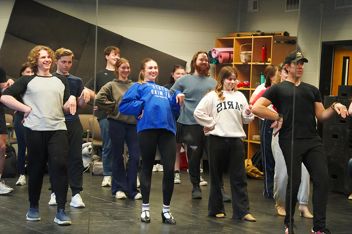 Broadway performer, director and choreographer James Gray, far right, leads musical theatre students at Middle Tennessee State University in Murfreesboro, Tenn., through an audition-style dance workshop in the Boutwell Dramatic Arts Building on Feb. 24, 2026. The session provided professional feedback and preparation ahead of upcoming industry auditions. (MTSU photo by Mike Davis)
