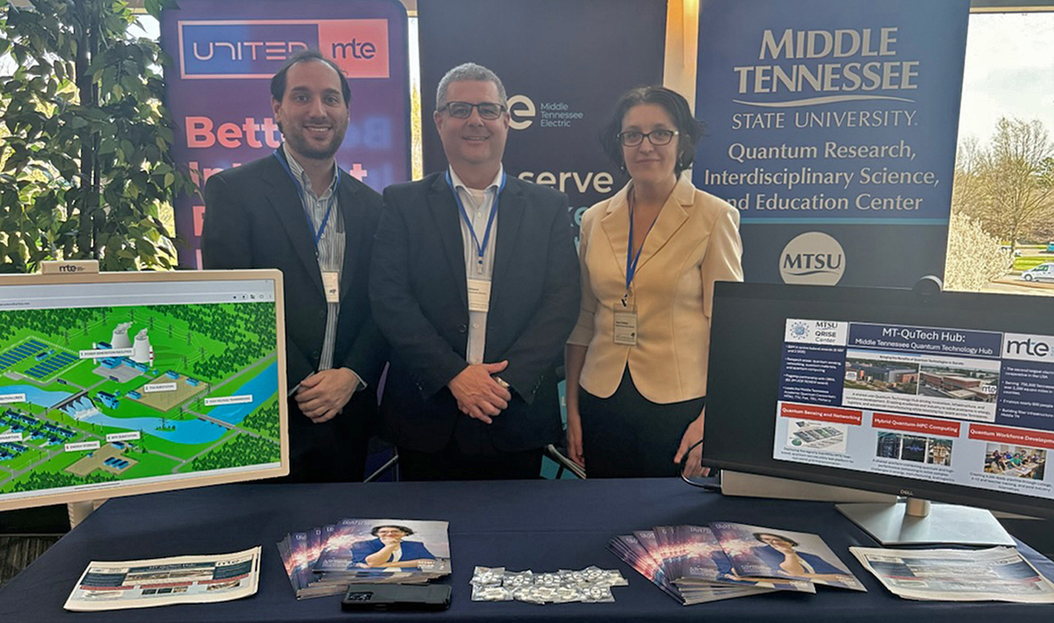 From left, John Villanova, associate director of the Quantum Research Interdisciplinary Science and Education Center, or QRISE, at Middle Tennessee State University, Middle Tennessee Electric Chief Operating Officer Brad Gibson, and QRISE director Hanna Terletska, attend the 2026 Forum on Growth and Regional Challenges at MTSU on March 20 at the Student Union on campus in Murfreesboro, Tenn. The trio shared information about MTSU and MTE partnering to develop the Middle Tennessee Quantum Technology Hub, also known as the MT-QuTech Hub. (Submitted photo)